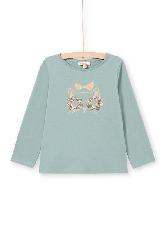 Camiseta turquesa de manga larga con estampado de gato con brillo para niña MAJOYTEE4 / 21W9012CTML612