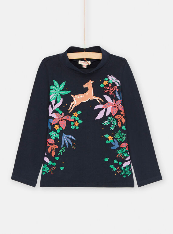 Jersey fino negro con estampado de flores y cierva para niña SAKHOSOUP / 23W901Q1SPLC243