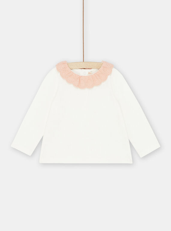 Camisita de color crudo y cuello rosa para bebé niña SIJOBRA3 / 23WG09B4BRA001