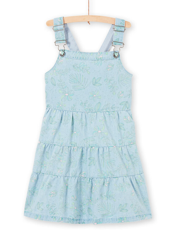 Vestido-peto vaquero de color azul claro con estampado de hojas para niña LAVEROB4 / 21S901Q3ROBP272