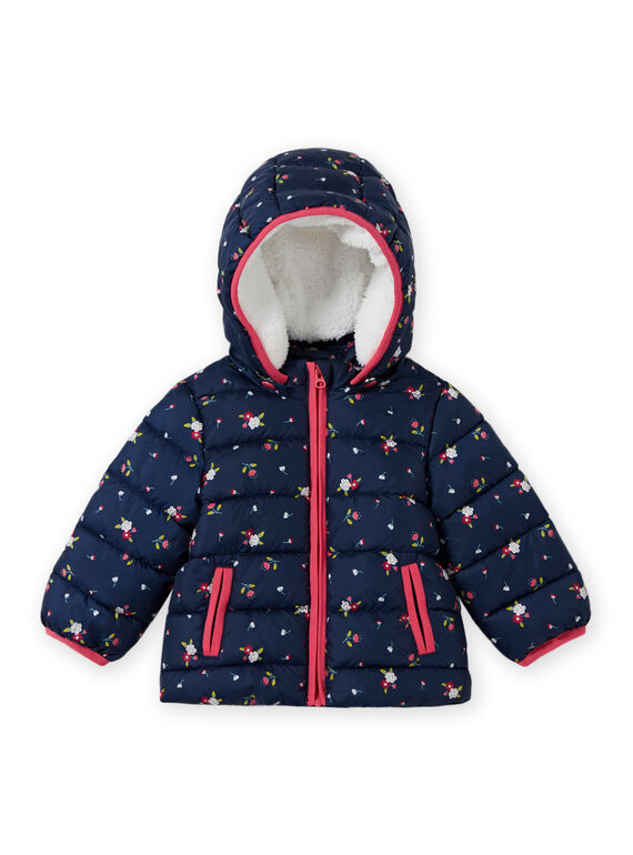 Anorak con capucha de color azul marino con estampado floral para bebé niña MIKADOU / 21WG0952D3E070