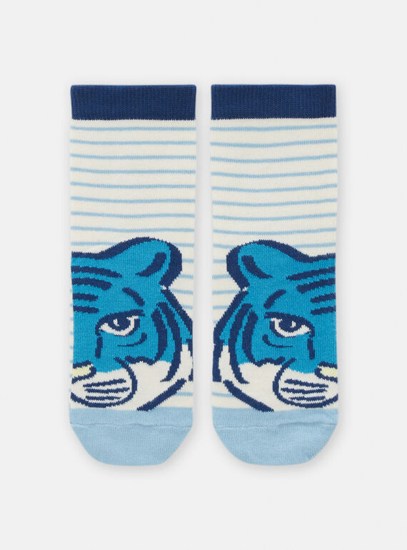 Calcetines de color crema y azul con estampado de cara de gato para niño TYOJOCHO2 / 24SI0289SOQA002