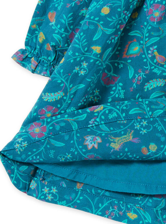 Vestido de manga larga de color azul pato con estampado floral para niña MITUROB1 / 21WG09K3ROB714
