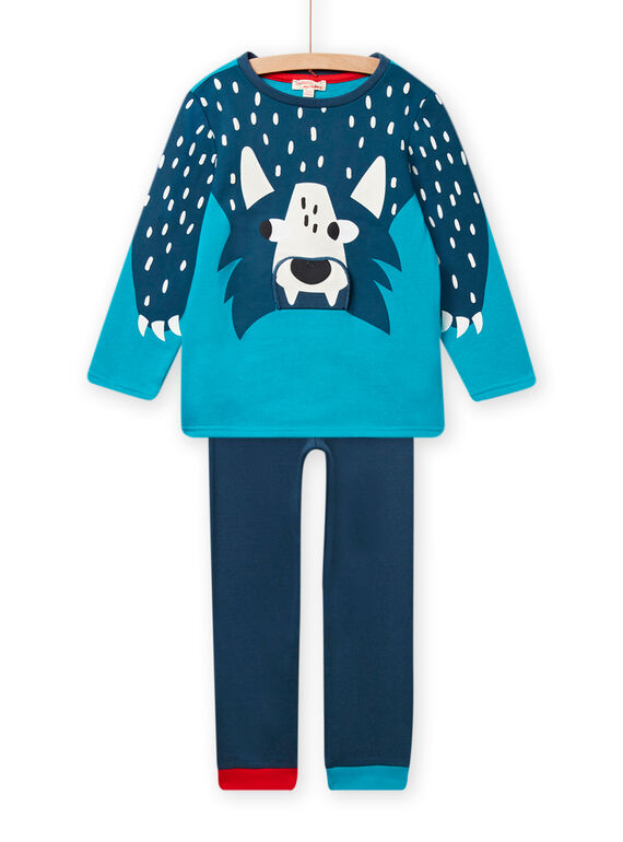 Pijama de camiseta y pantalón azul con estampado de lobo y detalles fluorescentes para niño NEGOPYJLOU / 22SH12E1PYJ209