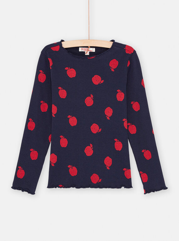 Camiseta azul marino y rojo con estampado de manzana para niña SAJOUTEE3 / 23W901G2TML070