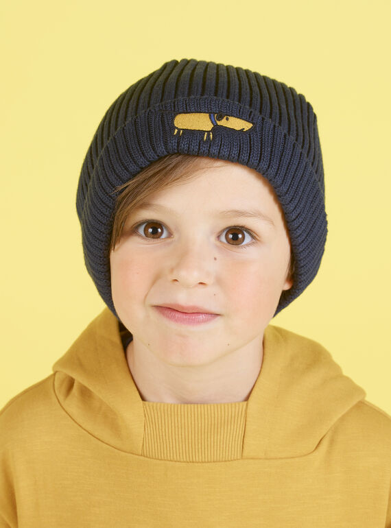 Gorro de punto de color azul noche con perro bordado para niño MYOGROBON1 / 21WI0255BON705