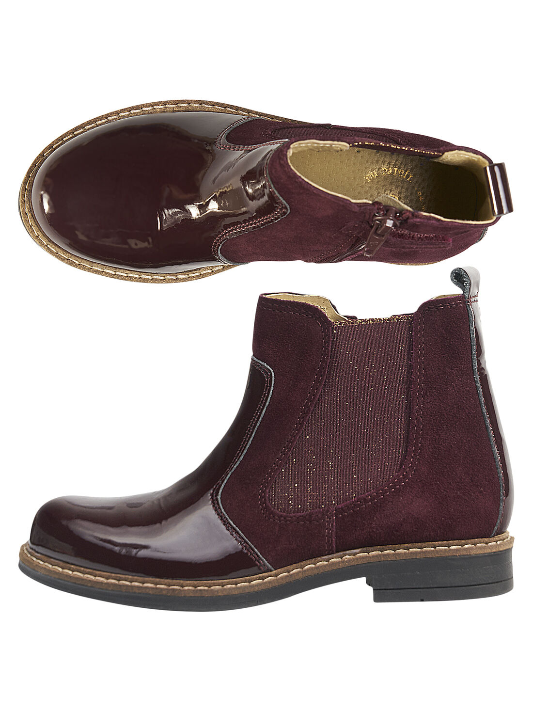 Botas chelsea bimateria de piel de serraje y brillo de color borgo a para ni a