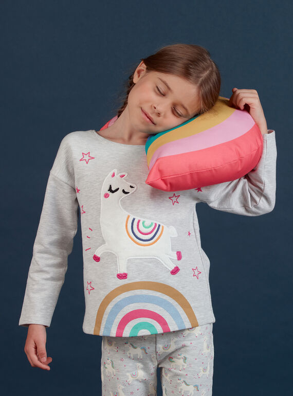 Pijama de muletón gris jaspeado con estampado de alpaca fluorescente para niña MEFAPYJLAM / 21WH1194PYJJ920