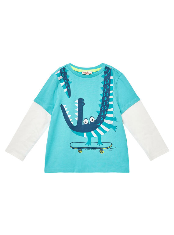 Camiseta efecto doble manga larga de color turquesa y crudo para niño JOCLOTEE1 / 20S90211TML209