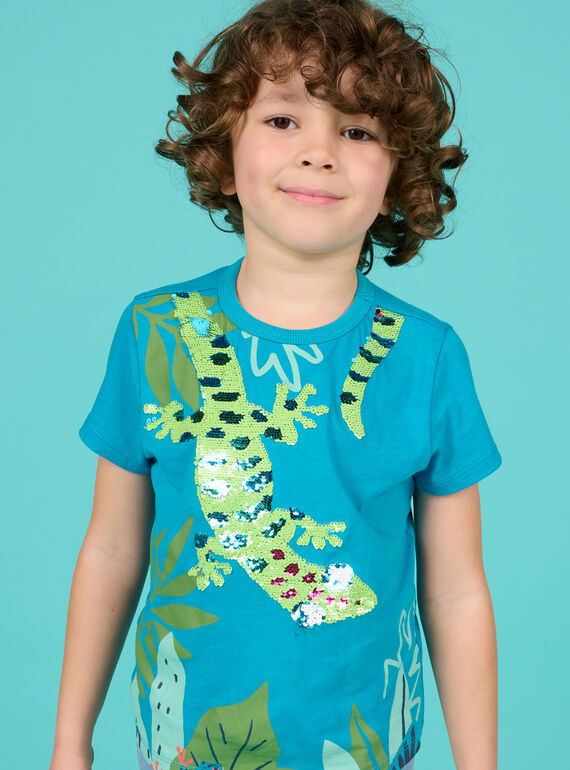 Camiseta azul zafiro y verde con lentejuelas reversibles para niño 22S902T3TMCC211