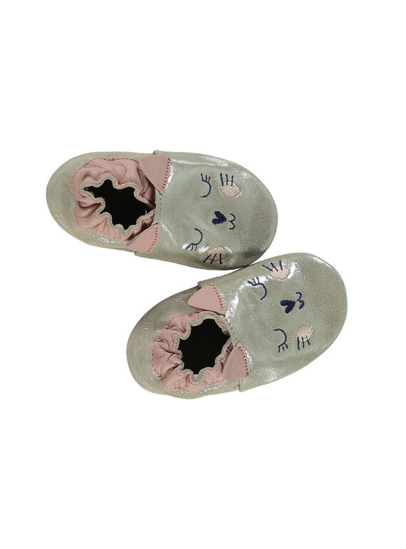 Zapatillas de casa de piel flexibles con brillo de color beige con gato bordado para bebé niña GNFCHAT / 19WK37Z2D3S080