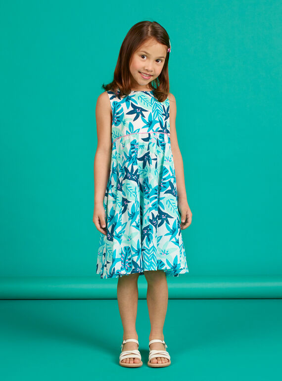 Vestido blanco y azul con estampado de hojas para niña LAVEROB3 / 21S901Q1ROB001