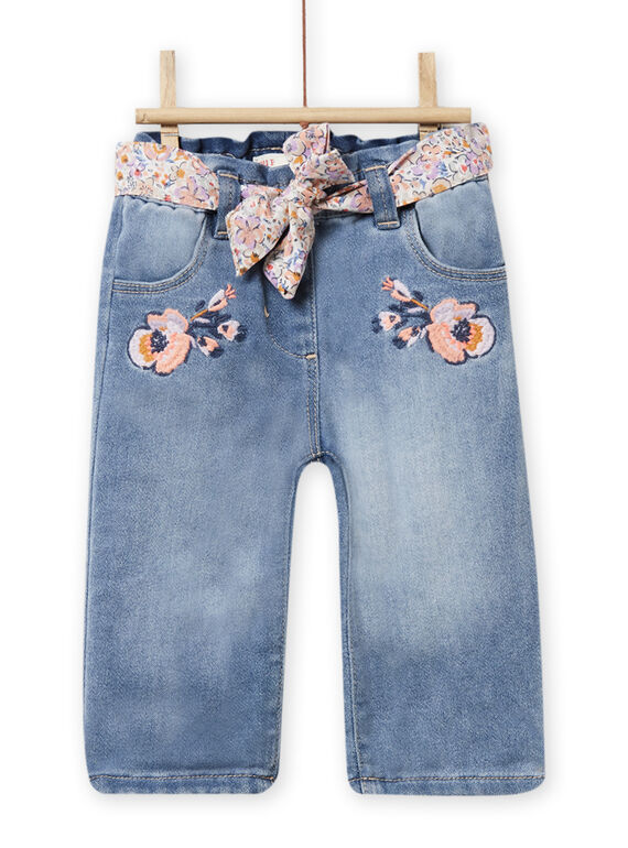 Pantalón vaquero bordado y cinturón con estampado floral para bebé niña NIMOPAN1 / 22SG09N2PANP270