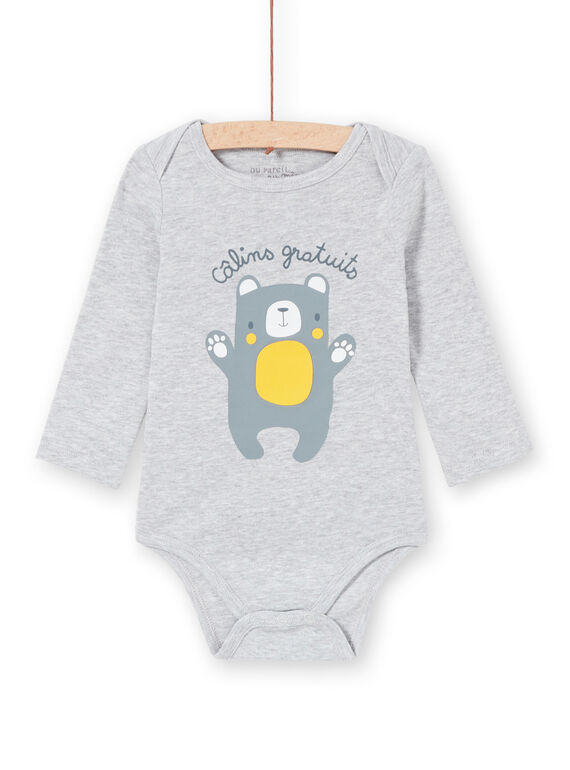 Body de manga larga de rayas de rayas de color gris jaspeado y osito para bebé niño LEGABODCAL / 21SH142BBDLJ922