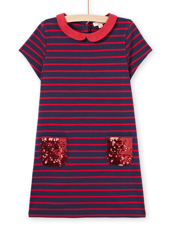 Vestido de punto milano de rayas de manga corta de color rojo y azul noche para niña MAJOROB2 / 21W90126ROBC205