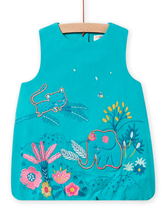 Vestido globo de color azul turquesa con bordado de popelina para bebé niña NIGAROB2 / 22SG09O3ROB202