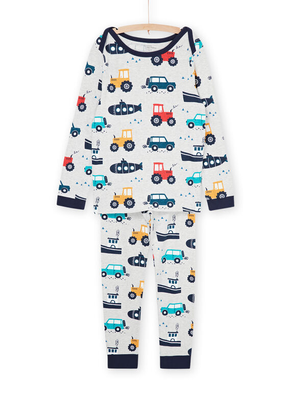 Pijama de color gris jaspeado con estampado de tractores, coches, barcos y submarino REGOPYJAUTO / 23SH1253PYJJ922