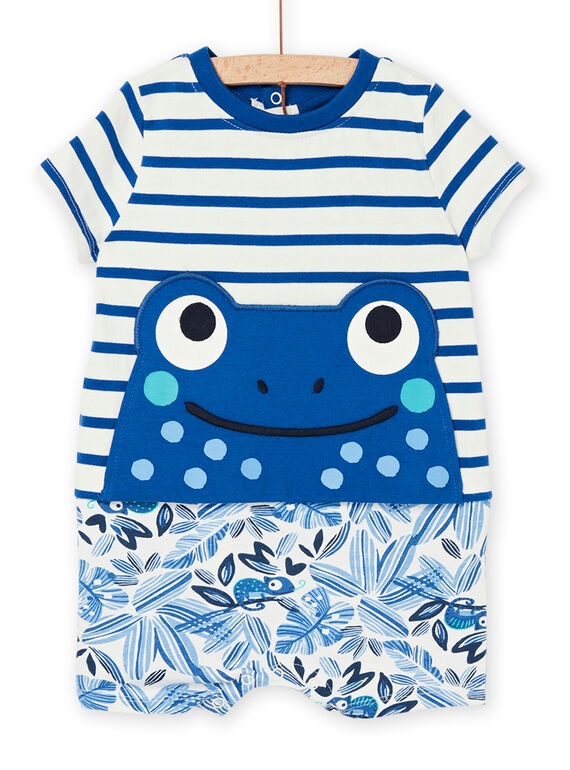 Pelele corto azul con estampado de rayas y detalle de rana. REGAGREBLUE / 23SH14H2GRE000