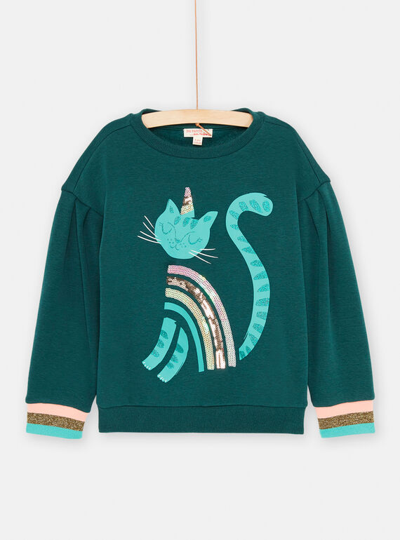 Sudadera azul pato con estampado de gato para niña SADUSWEA / 23W901P1SWE714