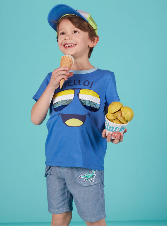 Camiseta de color azul con gafas de lentejuelas reversibles para niño JOQUATI1 / 20S902R3TMCC201