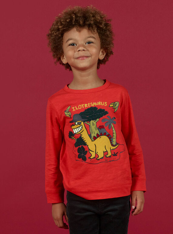 Camiseta de manga larga de color rojo con estampado de dinosaurios para niño MOFUNTEE2 / 21W902M3TMLF505