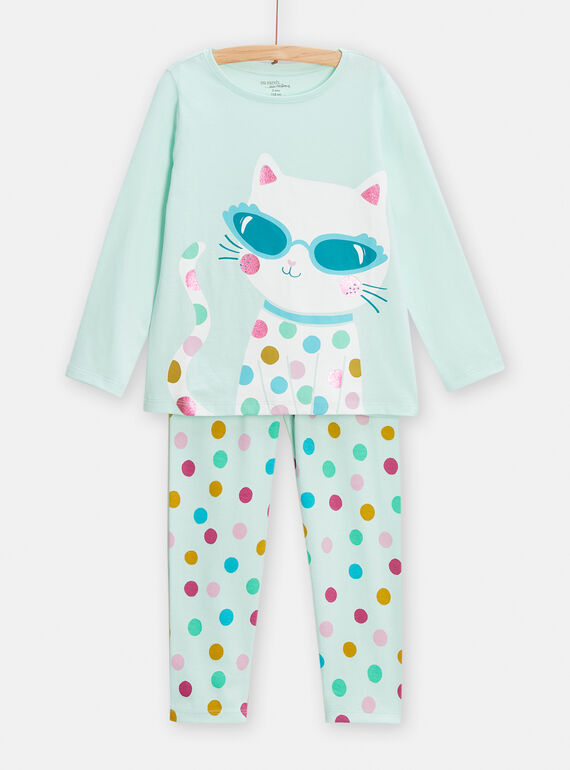 Pijama de niña con gato animado azul TEFAPYJDOT / 24SH1143PYJ219