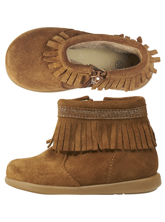 Botas de piel de serraje de color camel con flecos para bebé niña GBFBOOTINDC / 19WK37X2D0D804