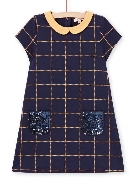 Vestido de manga corta de color azul noche de cuadros amarillos para niña MAJOROB1 / 21W90122ROBC205