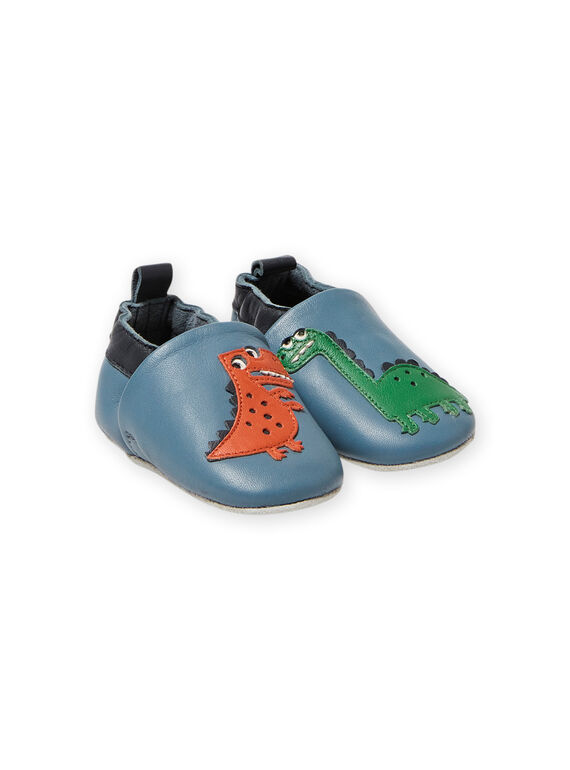Zapatillas de casa de piel de color azul con estampado de dinosaurios para bebé niño MUCHOSAUR / 21XK3822D3SC201