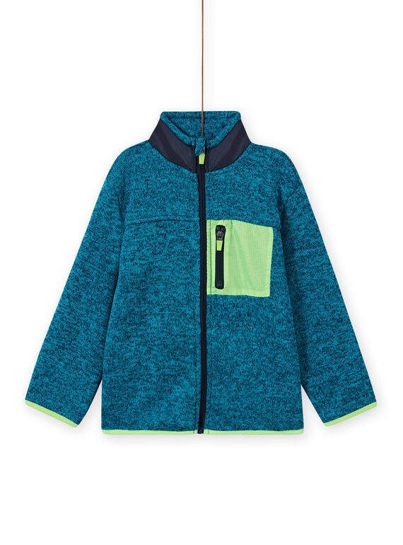 Cárdigan de color turquesa jaspeado con detalles de color verde flúor y azul marino para niño MOJOGITEK1 / 21W90212GILC200