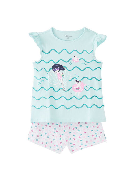 Pijama corto de color azul pastel y blanco para niña JEFAPYJ1 / 20SH11U4PYJ219