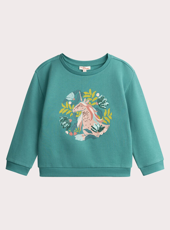 Sudadera azul verde animación unicornio con lentejuelas para niña  VAKLISWEA / 24W90141SWE215