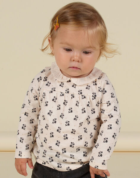 Camiseta de color crudo con cuello avolantado y estampado floral para bebé niña MIHIBRA / 21WG09U1BRA003