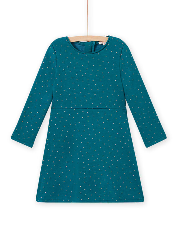 Vestido evasé de color azul pato de lunares de muletón para niña MAJOLROB3 / 21W901N2ROB714