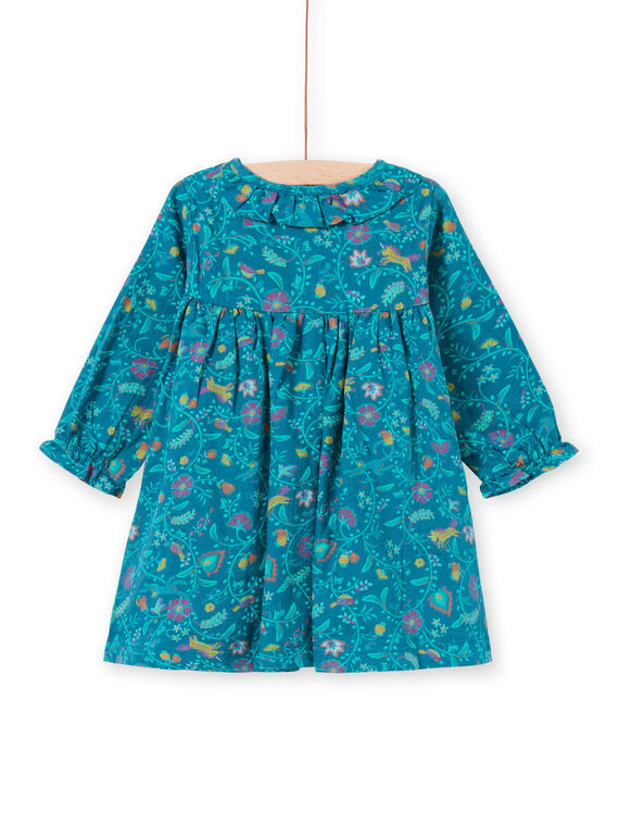 Vestido de manga larga de color azul pato con estampado floral para niña MITUROB1 / 21WG09K3ROB714