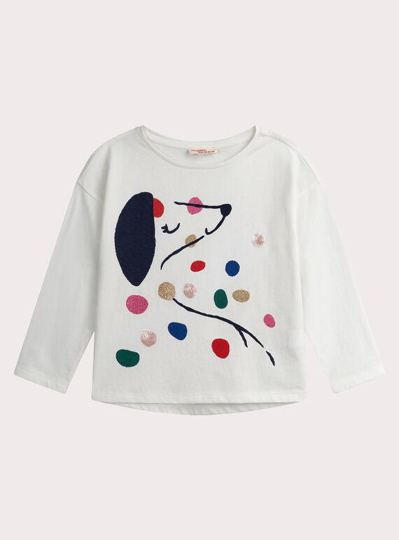 Camiseta blanca de animación de perro con lentejuelas para niña  VAROTEE1 / 24W901P3TML001
