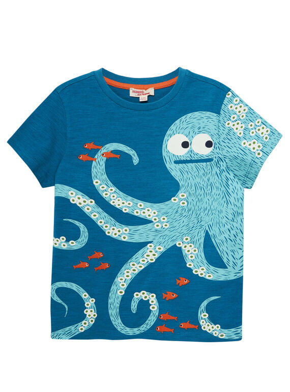 Camiseta de manga corta de color turquesa oscuro con estampado de pulpo para niño JOBOTI4 / 20S902H2TMCC219