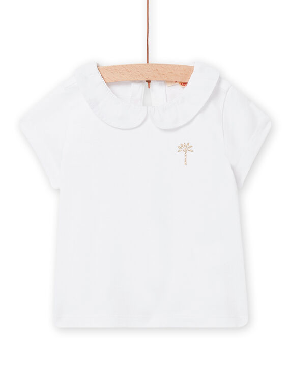 Camiseta blanca con cuello Peter Pan de gasa y estampado de palmera dorada para bebé niña NIJOBRA5 / 22SG09C1BRA000