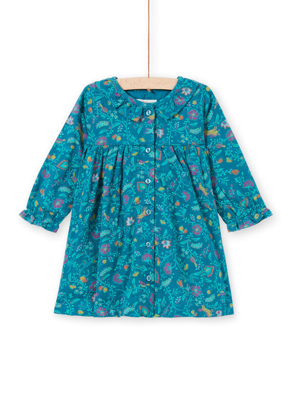Vestido de manga larga de color azul pato con estampado floral para niña MITUROB1 / 21WG09K3ROB714