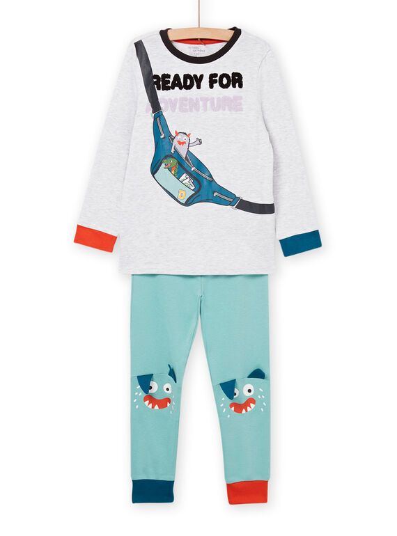 Pijama largo gris jaspeado y turquesa PEGOPYJBAN / 22WH1213PYJJ920