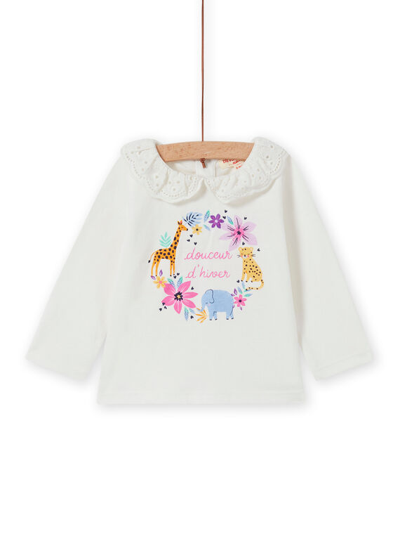 Camiseta de color crudo con cuello de gasa y estampado floral de fantasía para bebé niña MIPLABRA / 21WG09O1BRA001