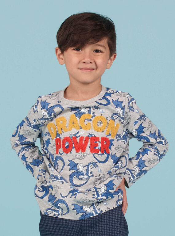 Camiseta gris jaspeado y azul con estampado de dragón para niño MOPLATEE1 / 21W902O2TMLJ922