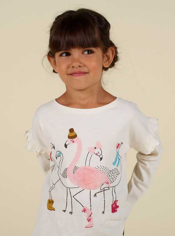 Camiseta de color crudo de manga larga con estampado de flamencos para niña MAHITEE1 / 21W901U2TML003