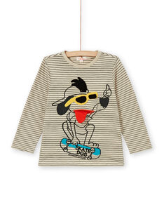 Camiseta de algodón de color arena y negro con estampado de rayas y detalle de perro para niño LOPOETEE / 21S902Y1TML808