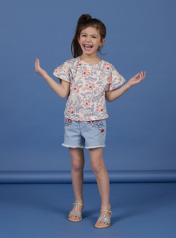 Short vaquero claro con estampado floral para niña NASANSHORT1 / 22S901S1SHOP272
