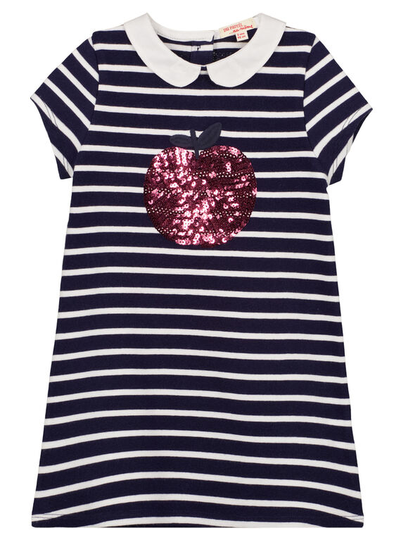 Vestido de manga corta de rayas estilo marinero con cuello Peter Pan y manzanas bordadas de lentejuelas brillantes GAJOROB1 / 19W90143D2F070