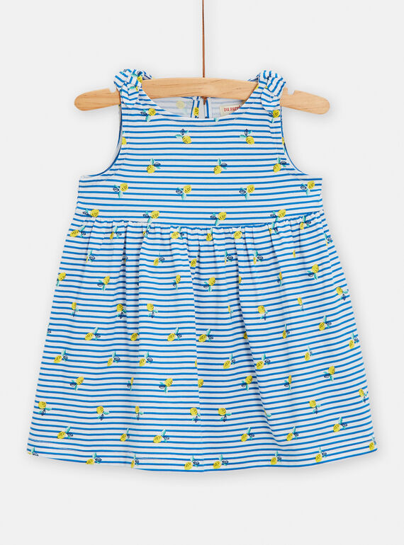 Vestido azul y blanco con estampado de rayas y limones para bebé niña TIPLAROB1 / 24SG09S2ROB000
