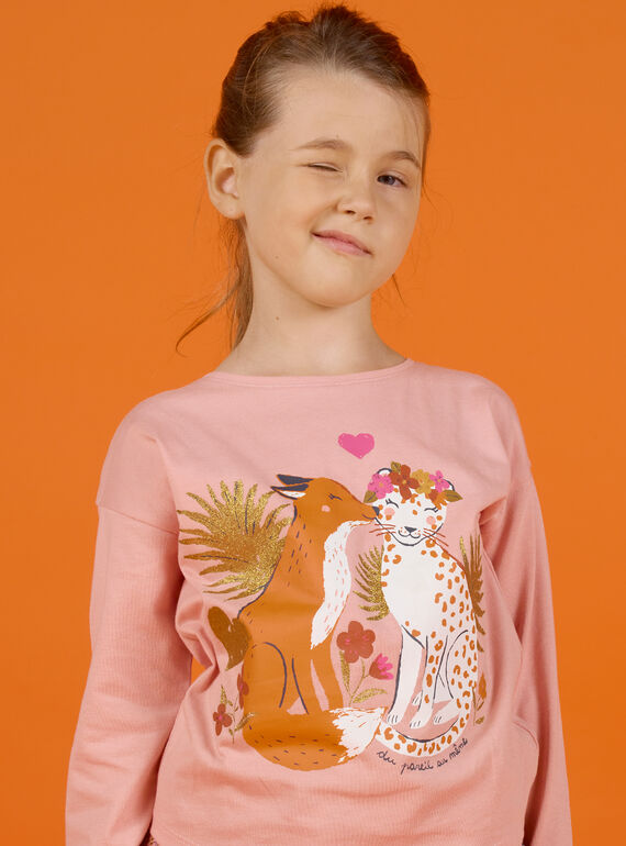 Camiseta de manga larga de color rosa con estampado de zorro y leopardo para niña MASAUTEE3 / 21W901P3TML303