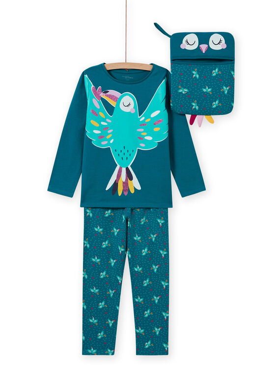 Pijama fosforescente de color turquesa con estampado de pájaro para niña MEFAPYJTOU / 21WH1172PYGC217