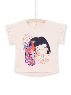Camiseta de manga corta de color rosa pastel con estampado de niña y pavo real para niña MAPATI2 / 21W901H2TMCD319